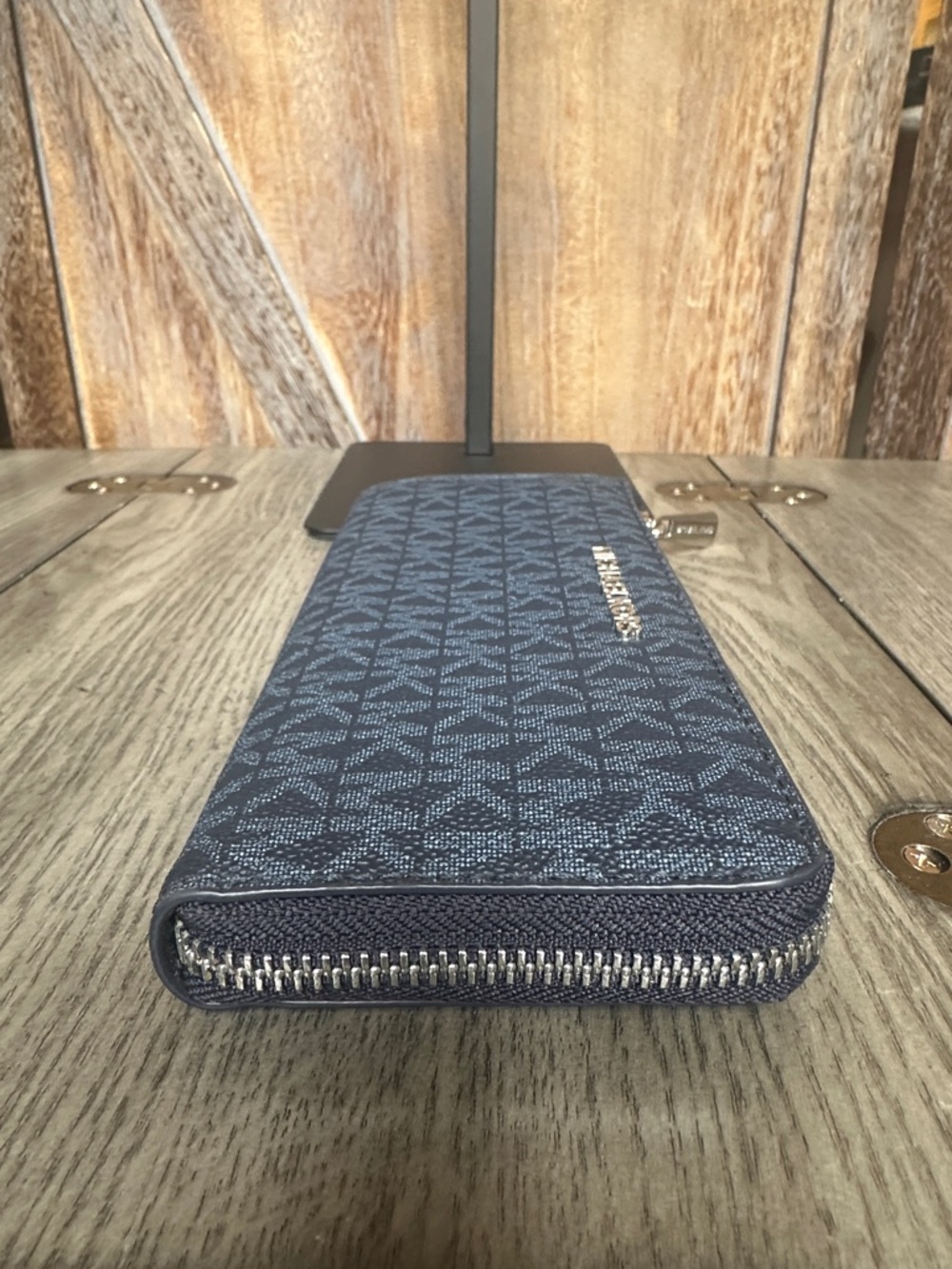 Michael Kors Navy MK Logo Zip Wallet with Silver Hardware - Picture 4 of 12